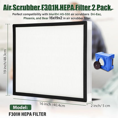 2 Packs F301H HEPA Filter, AS-550 Air Scrubber Stage 2 HEPA 550 Air Filter Compatibile with BlueDri,16 x 19 x 2" Air Shield 550 HEPA Air Scrubber Filter for BlueDri, Dri-Eaz, Phoenix, and Bear