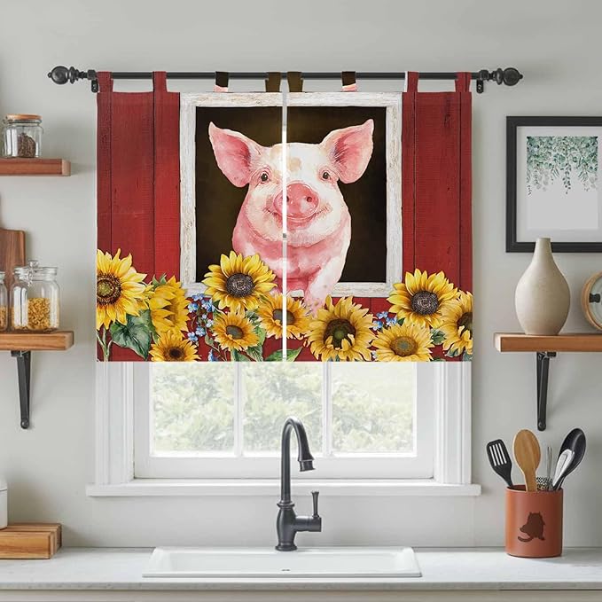Pigs Sunflowers Kitchen Curtains 45 Inch Length, Short Cafe Window Curtains Tab Top, Farmhouse Red Barn Flowers Animals Light Filtering Window Treatments Tier Drapes 27.5"x45" 2 Panel