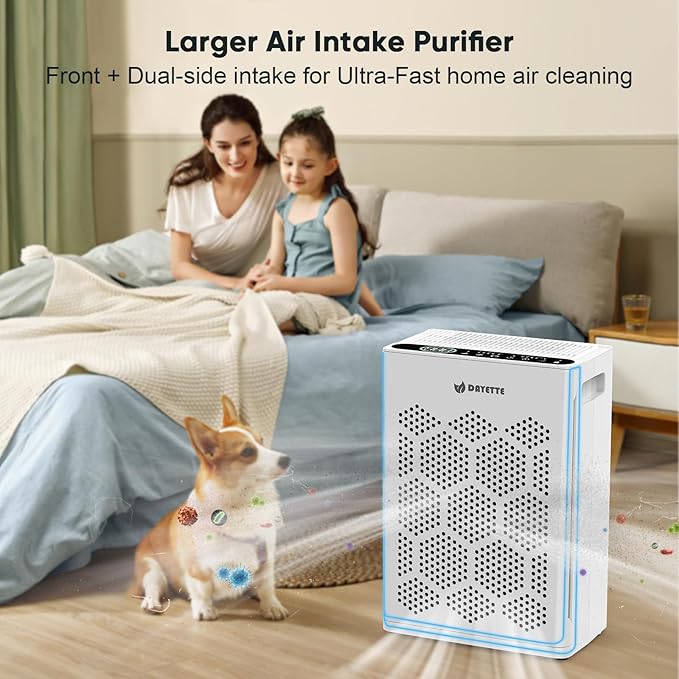 DAYETTE Air Purifiers for Home Large Room Up to 2400 Ft² with Washable Pre-Filter, H14 HEPA Air Filter, Air Quality Monitor, Pet Mode Sleep Mode for Allergies, Pet Hair in Bedroom, Living Room, Office