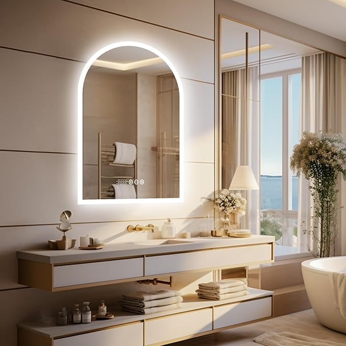 LUVODI Lighted LED Bathroom Mirror: 36x24IN Arched Dimmable Wall Lighted Vanity Mirror with Time Temperature Dispaly - Modern Vanity Mirrors with Backlit Anti-Fog Smart Switch for Hotel Bedroom