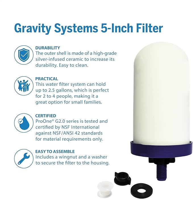 ProOne 5-Inch Gravity Water Filter Replacement G-Series 1-Pack - Universally Compatible with Gravity Water Filter Systems - NSF/ANSI Certified to Reduce Lead, Reduce Microplastics, & Total PFAS