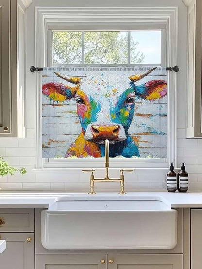 Sheer Curtains 54 Inch Length, Funny Colorful Cow Semi Sheer Curtains Light Filtering Window Treatment, Retro Rustic Oil Painting Wood Grain Privacy Voile Drapes for Living Room Bedroom 52x54 Inch