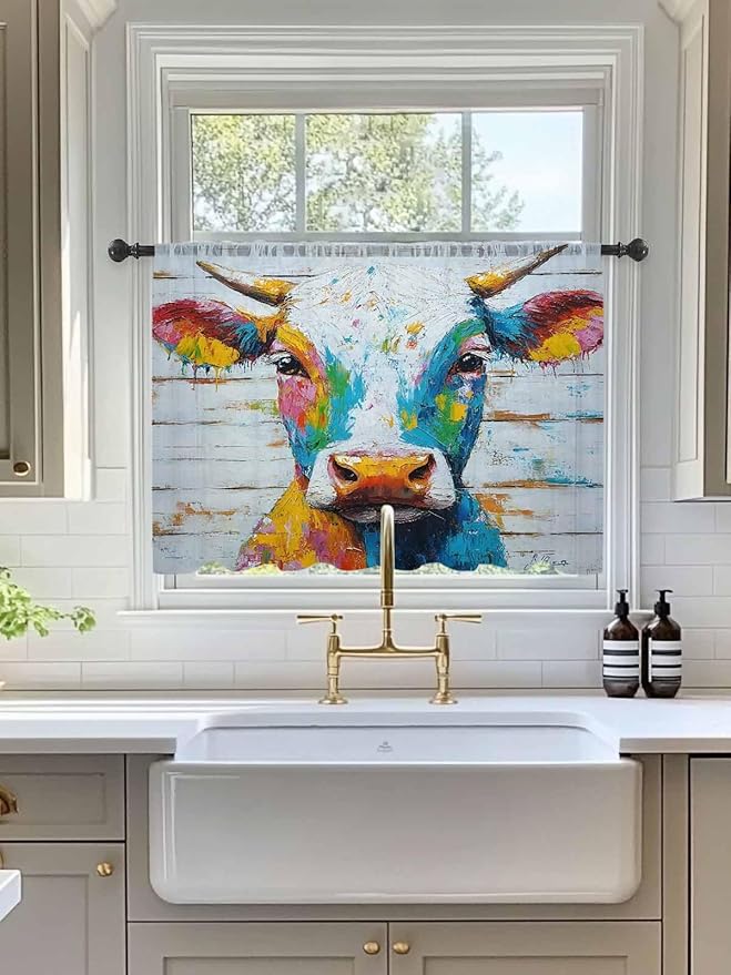 Sheer Curtains 45 Inch Length, Funny Colorful Cow Semi Sheer Curtains Light Filtering Window Treatment, Retro Rustic Oil Painting Wood Grain Privacy Voile Drapes for Living Room Bedroom 52x45 Inch