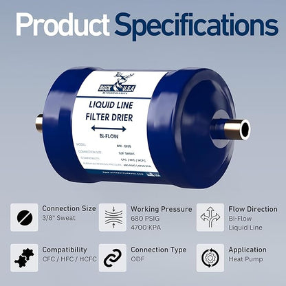 2 Pack Buck Bi-Flow Refrigerant Liquid Line Filter Drier 3/8" ODF Sweat BFK-083S - Compatible with CFC, HCFC, HFC - Ideal for Heat Pump & Straight Cool Air Conditioners (1-5 Tons)
