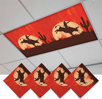 Fluorescent Light Covers for Drop Ceiling Western Cowboys Horse Riding on Red Magnetic Light Filters, Abstract Cactus Desert Ceiling Shade Filters for Home Classroom Office,2x4 ft,4Packs