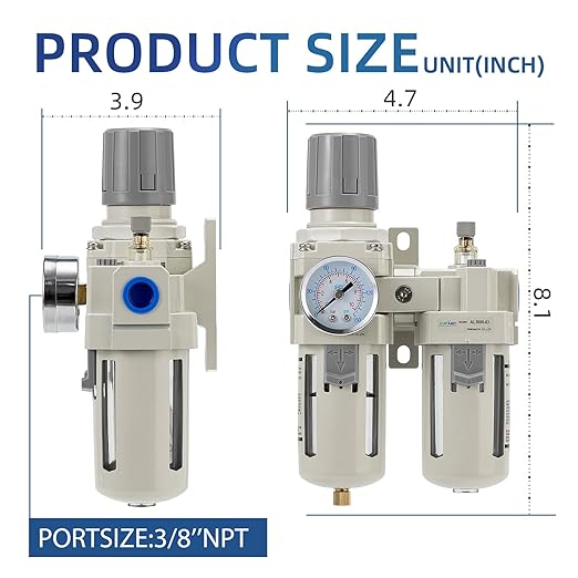 3/8" NPT Compressed Air Filter Regulator Lubricator Combination,Water/Oil Trap Separator (0-150 PSI), Oil Water Separator,Semi-Automatic Drain, Suitable for Pneumatic Systems