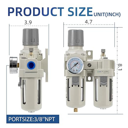 3/8" NPT Compressed Air Filter Regulator Lubricator Combination,Water/Oil Trap Separator (0-150 PSI), Oil Water Separator,Semi-Automatic Drain, Suitable for Pneumatic Systems