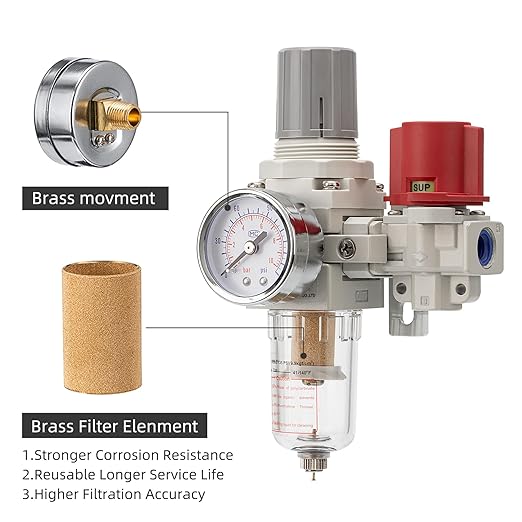 Pneumatic Air Compressor Filter Regulator Combo 1/4" NPT 0-150 PSI,Pressure relief 3 port valve,Manual Drain,5 Micron Brass Element