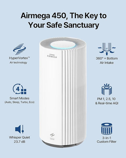 COWAY Air Purifier for Large Room Whole Home Up to 3,285 ft², HEPA Filter for Smoke, Allergen, Pet Dander, Odor, PM(1, 2.5, 10), AQI, Turbo Eco Mode, Energy Star, 3yr Warranty, Airmega 450 White