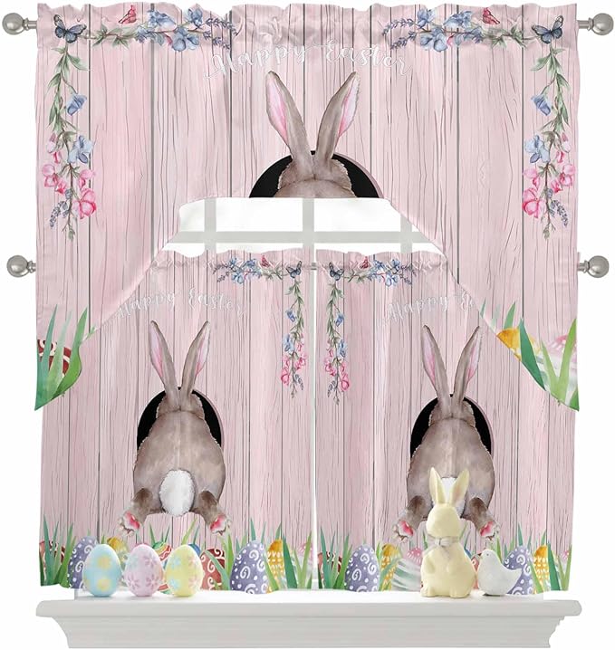Swag Valance Curtains, Easter Cute Rabbit and Colorful Eggs Rod Pocket Valances Swag Topper for Kitchen Windows, Pink Farm Wooden Barn Light Filtering Short Curtain for Bedroom Bathroom 56x36In