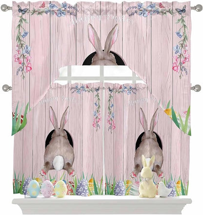 Swag Valance Curtains, Easter Cute Rabbit and Colorful Eggs Rod Pocket Valances Swag Topper for Kitchen Windows, Pink Farm Wooden Barn Light Filtering Short Curtain for Bedroom Bathroom 56x36In