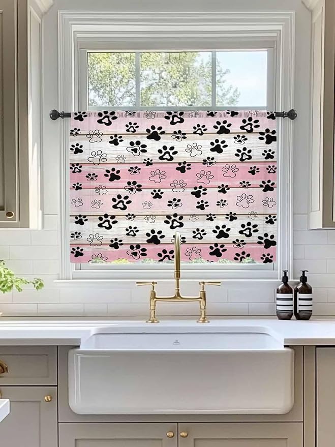 Sheer Curtains 45 Inch Length, Pink Beige Paw Print Semi Sheer Curtains Light Filtering Window Treatment, Vintage Farmhouse Country Wooden Grain Privacy Voile Drapes for Living Room Bedroom 52x45 Inch