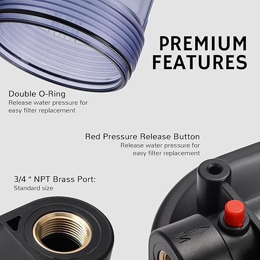 Airthereal Whole House Water Filter Housing, 20" x 4.5" Sediment Carbon Cartridge Universal Housing, Pre-Filtration System for Well and City Water, 3/4" NPT Port Clear Housing Include 1-Pack PP Filter