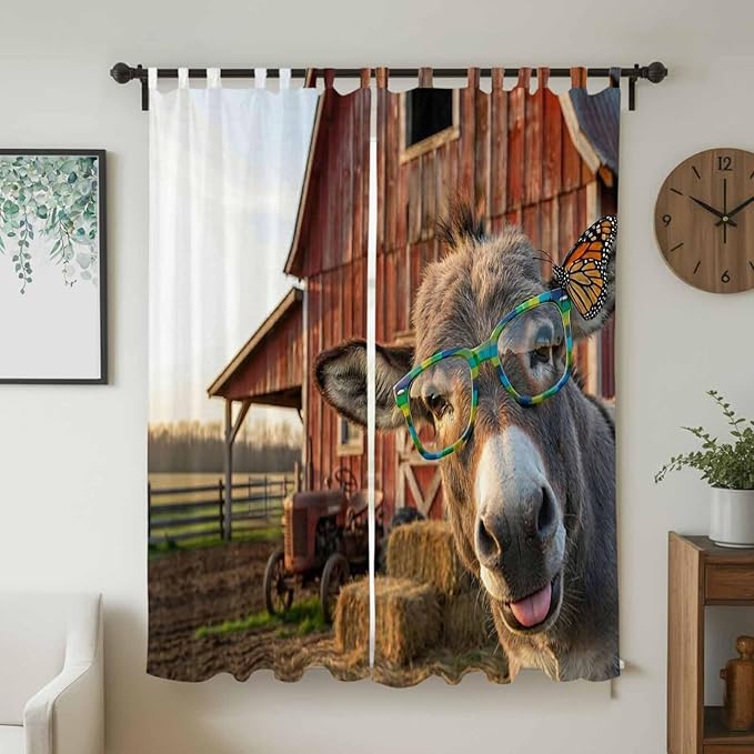 Farm Donkeys Living Room Curtains 84 Inch Length, Window Curtains Tab Top, Farmhouse Barn Funny Animals Butterfly Light Filtering Window Treatments Drapes 52"x84" 2 Panel