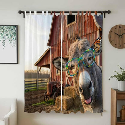 Farm Donkeys Living Room Curtains 96 Inch Length, Window Curtains Tab Top, Farmhouse Barn Funny Animals Butterfly Light Filtering Window Treatments Drapes 52"x96" 2 Panel