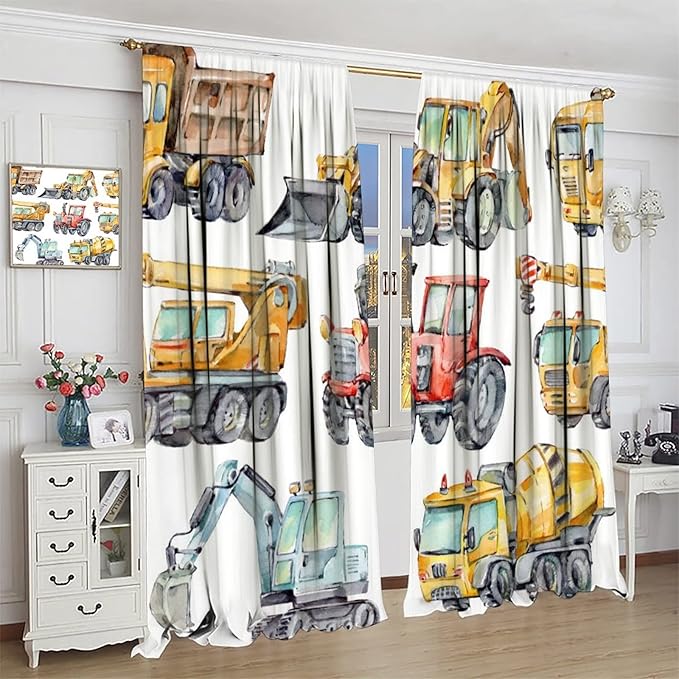 Kids Excavator Curtains, Retro Truck Tractor Machinery Construction Vehicle Crane Digger Mixer Rod Pocket Decorative Windows Curtain for Teens Girls Boys Room 63x72in (30% Blackout)