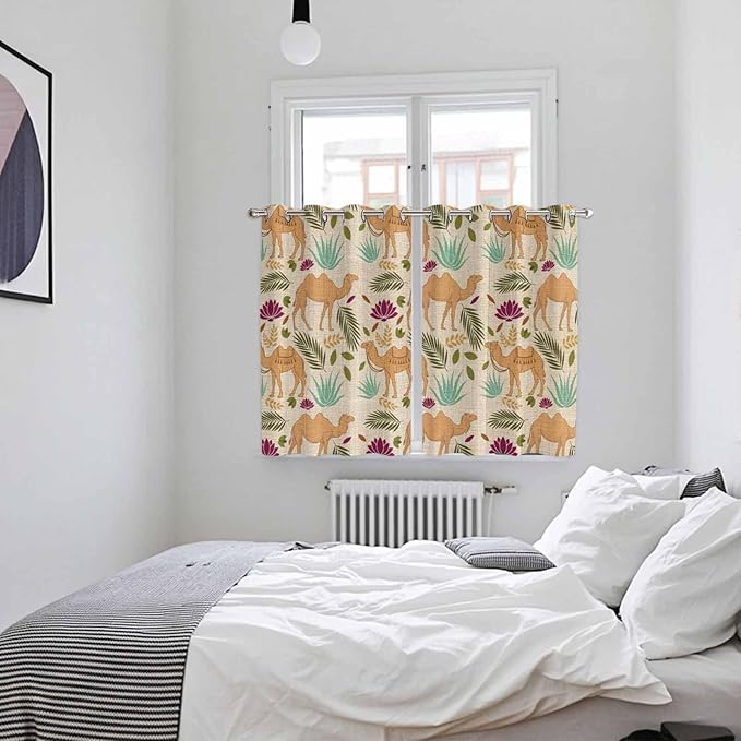 2 Panel Kitchen Cafe Curtains, Desert Camels Sunlight Filtering Nature Air Through, Home Decor Window Covering Tier Curtains for Living Room 104W x 63L inch Vintage Sand Animals Aloe Vera Leaves Beige