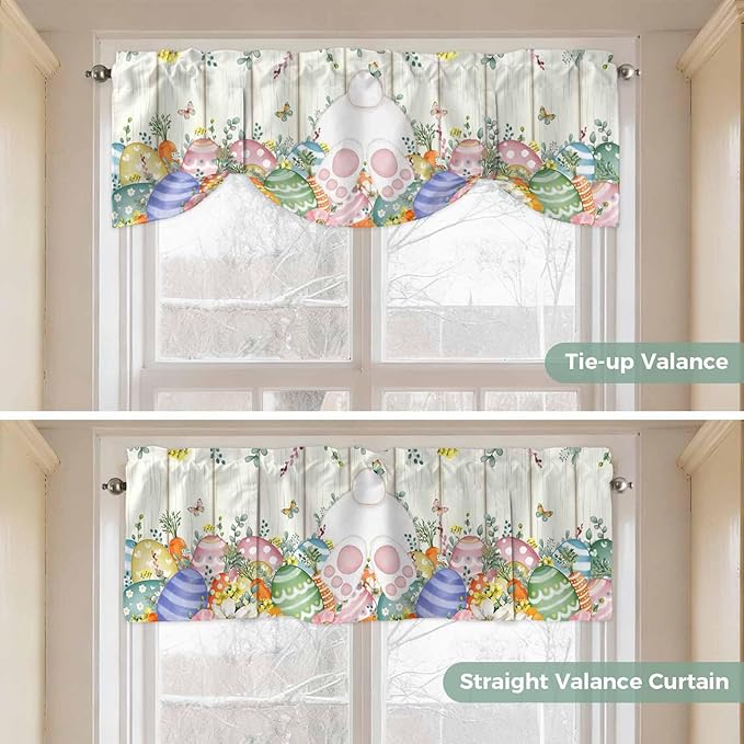 Easter Tie Up Valance Curtains for Windows, Kitchen Curtains Window Shades, Spring Rabbit Ears Foot Colorful Eggs Leaf Floral Light Filtering Roman Curtain Valances for Bedroom/Bathroom/Cafe 60"x18"