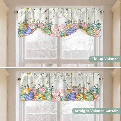 Easter Tie Up Valance Curtains for Windows, Kitchen Curtains Window Shades, Spring Rabbit Ears Foot Colorful Eggs Leaf Floral Light Filtering Roman Curtain Valances for Bedroom/Bathroom/Cafe 60"x18"