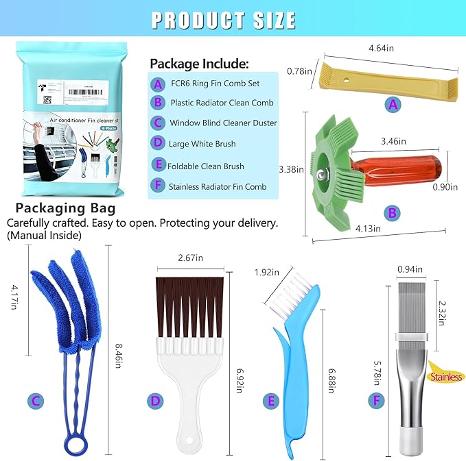 6 Pcs Air Conditioner Fin Comb Cleaner Set, Ac Fin Comb Straightener Tool, Radiator Comb for a/c Unit,Ac Coil Cleaner Brush for HVAC Condenser Evaporator Repair Clean Tool