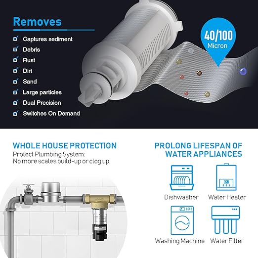 Frizzlife 40&100 Micron Spin Down Sediment Filter with Built-in Scraper, Reusable Whole House Pre-Filter for City/Well Water, Washing Machine, Flushable Filtration, 1"&3/4" NPT, BPA Free, JB40-100