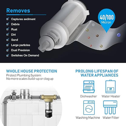 Frizzlife 40&100 Micron Spin Down Sediment Filter with Built-in Scraper, Reusable Whole House Pre-Filter for City/Well Water, Washing Machine, Flushable Filtration, 1"&3/4" NPT, BPA Free, JB40-100
