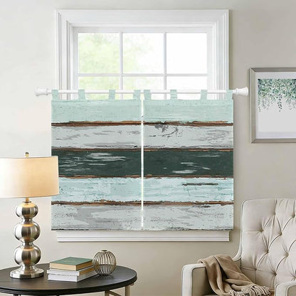 Blue Teal Bedroom Curtains 63 Inch Length, Window Curtains Tab Top, Vintage Wooden Retro Art Farmhouse Barns Light Filtering Window Treatments Drapes 42"x63" 2 Panel