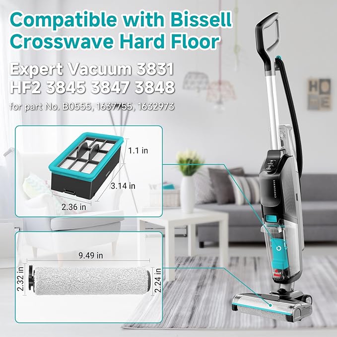 FFsign 3831 Roller Brush & Filter Replacement Compatible with Bissell Crosswave Hard Floor Expert 3831, HF2 3845N Vacuum, Floor Scrubber Wet Dry Vacuum Accessory Kit 2 Brush Rolls, 2 Filter Parts