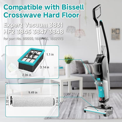 FFsign 3831 Roller Brush & Filter Replacement Compatible with Bissell Crosswave Hard Floor Expert 3831, HF2 3845N Vacuum, Floor Scrubber Wet Dry Vacuum Accessory Kit 2 Brush Rolls, 2 Filter Parts