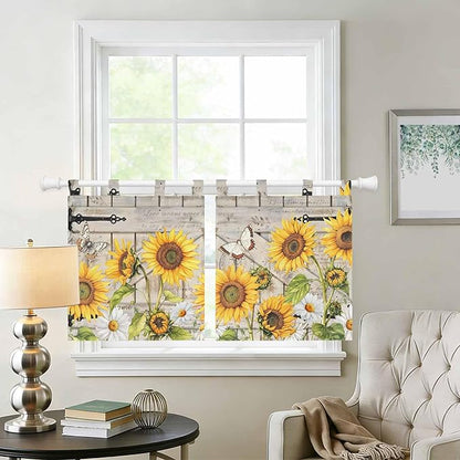 Farm Flowers Kitchen Curtains 36 Inch Length, Small Window Curtains Tab Top, Retro Sunflowers Barn Doors Butterfly Wood Board Light Filtering Short Window Treatments Tier Drapes 27.5"x36" 2 Panel