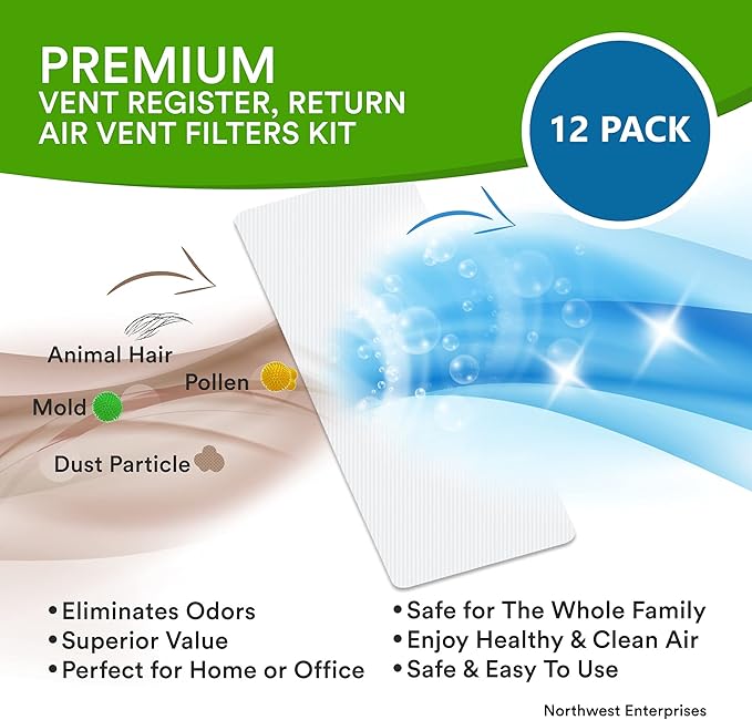 Air Vent Filters Kit, 120"X 10" Cut to Fit Vent Filters for Home and Business. Electrostatically Charged Air Filter Material & 1/2 Adhesive Coins Engineered for use in HVAC, AC & Heating.