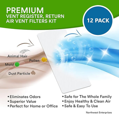 Air Vent Filters Kit, 120"X 10" Cut to Fit Vent Filters for Home and Business. Electrostatically Charged Air Filter Material & 1/2 Adhesive Coins Engineered for use in HVAC, AC & Heating.