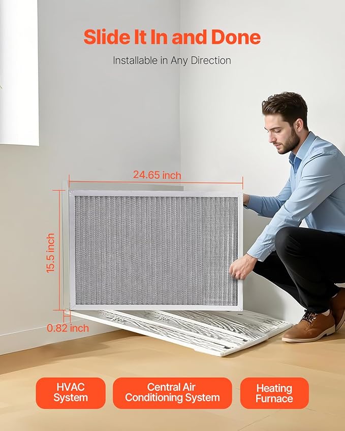 VEVOR Electrostatic Air Filter, 16x25x1 inch Washable & Reusable Aluminum AC/HVAC Furnace Filter, MERV 8 Long Lifetime, Healthier Home or Office (Actual Size: 15.5 x 24.65 x 0.82 in)