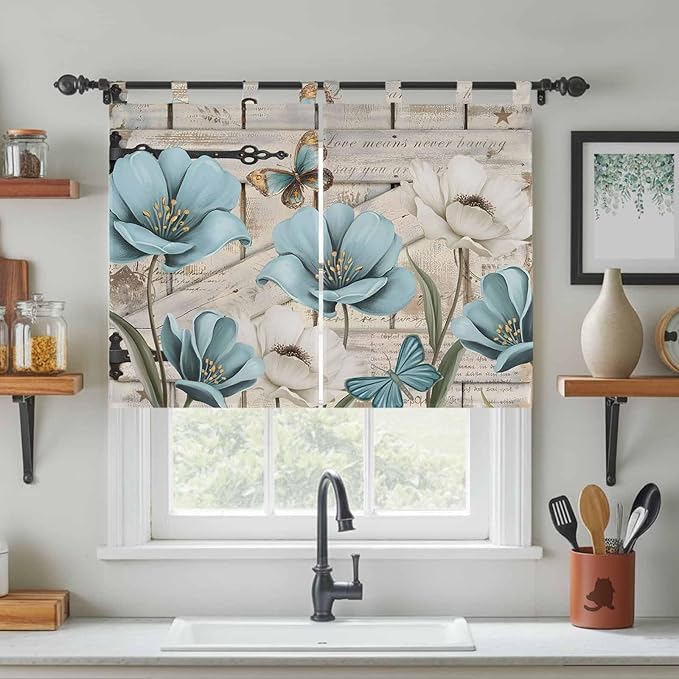 Teal Blue Tulips Bedroom Curtains 63 Inch Length, Window Curtains Tab Top, Spring Floral Barn Doors Vintage Wood Beige Light Filtering Window Treatments Drapes 42"x63" 2 Panel