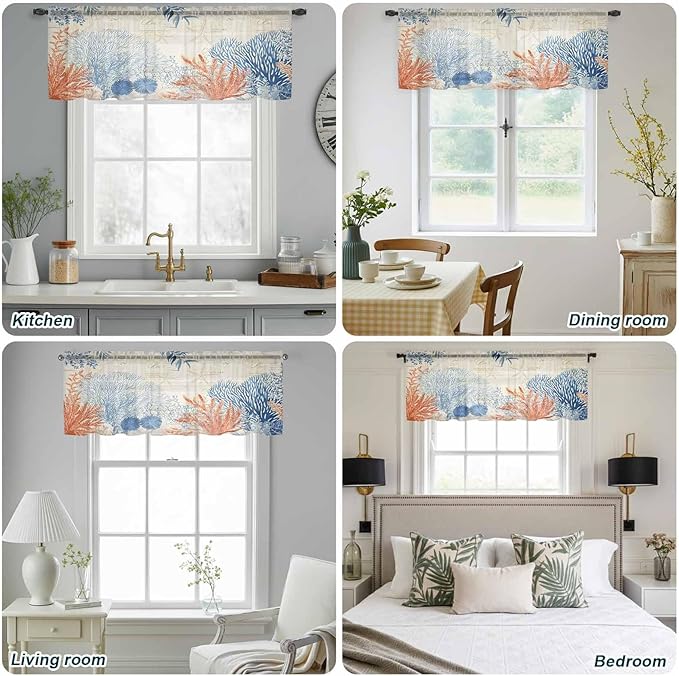 Ocean Corals Sheer Valance Curtains, Summer Beach Coral Sea Stars Retro Texture Light Filtering Kitchen Valances Rod Pocket Voile Curtain Window Treatment for Bedroom/Living Room/Basement 42Wx18L