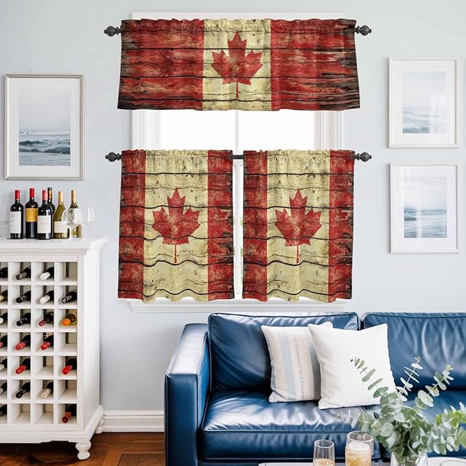 Kitchen Curtains Tiers and Valance Set of 3, Canada Light Filtering Window Curtain Set, Red Maple Leaf Flag Farmhouse Shabby Wooden Grain Rod Pocket Curtain Drapes for Living Room, 24 Inches Tiers