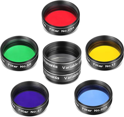 Astromania 1.25-Inch Telescope Eyepiece Filter Set(6 Pieces), Variable Grey Polarizing Filter, 5 Planetary Color Filters - Enhance Lunar Planetary Observation - Reduce Light Pollution