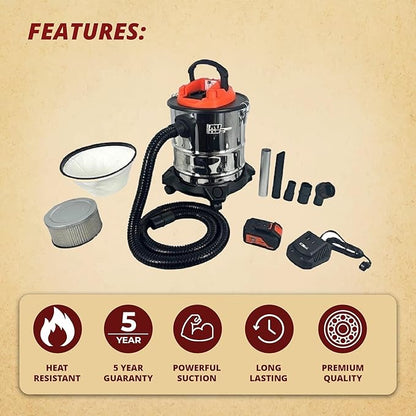Pellethead Vault Pro Cordless Ash Vacuum – 20V Rechargeable, Dual HEPA Filters, 7-Foot Hose, Brush & Crevice Tools, Stainless Steel Body for Stoves, Fireplaces & Grills