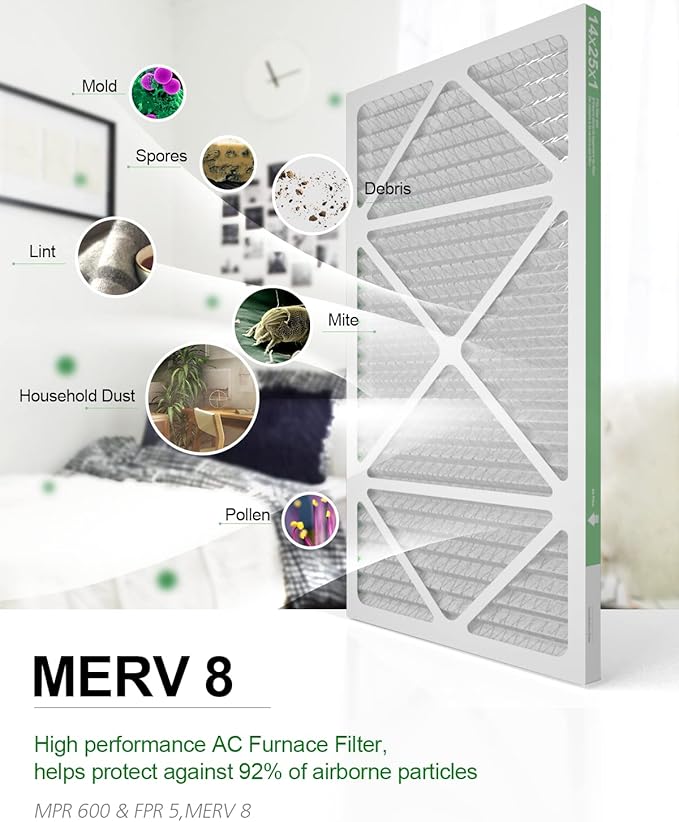 14x25x1 Air Filter 6 Pack, Durable MERV 8 Pleated Home HVAC AC Furnace Filters, Lightweight Compact Air Conditioner Filter Replacement