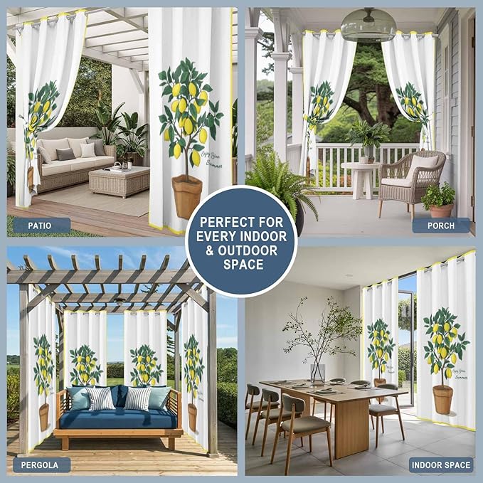 Lemons Outdoor Curtains for Patio Summer Fruit Lemon Tree Waterproof Outside Curtains with Grommet Top Weatherproof Curtain for Cabana Pergola Gazebo, 2 Pack, 54" W x 84" L
