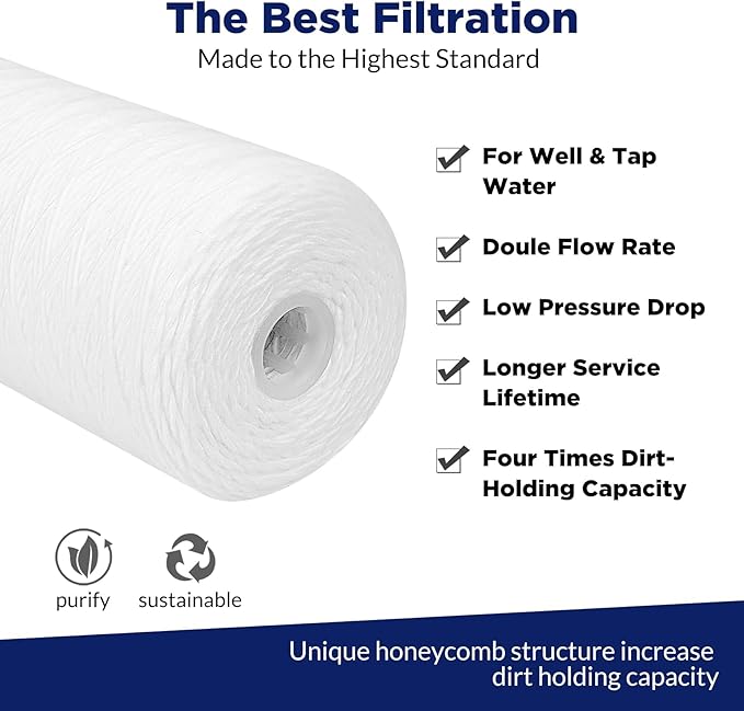 Membrane Solutions 5 Micron 10""x4.5"" String Wound Whole House Water Filter Replacement Cartridge Universal Sediment Filters for Well Water - 4 Pack, WPP-F10B-5