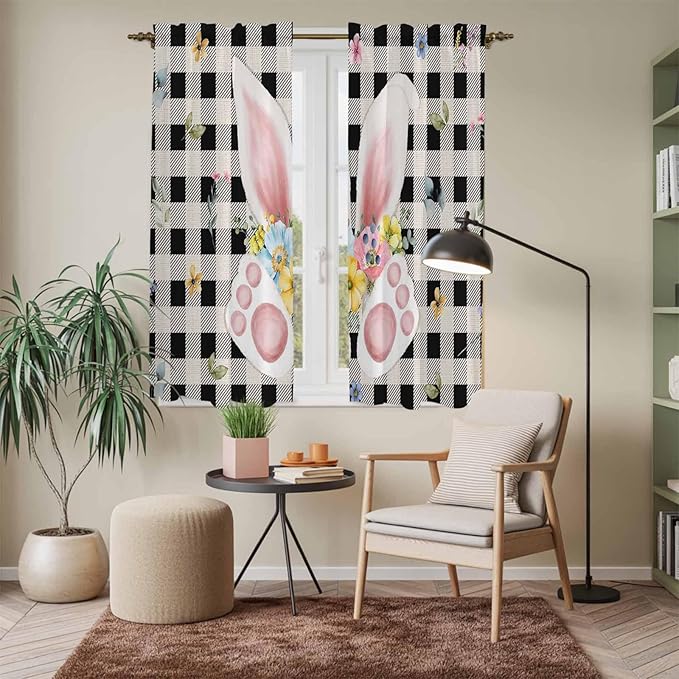 Easter Window Curtains 63 Inch Long 2 Panel Set, Rod Pocket Bedroom Curtains & Drapes, Spring Rabbits Ears Feet Wildflowers Black Plaid Light Filtering Window Treatment for Living Room 42"W x 63"L