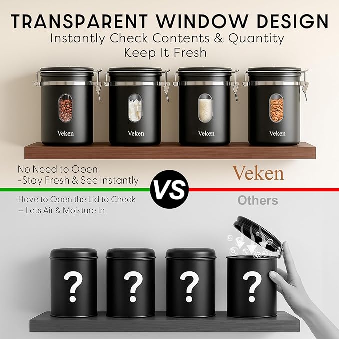 Veken Coffee Canister with Window, Airtight Stainless Steel Kitchen Food Storage Container with Lids, Date Tracker and Scoop for Grounds Coffee, Beans, Tea, Flour, Cereal, Sugar Jars, 16OZ, Black