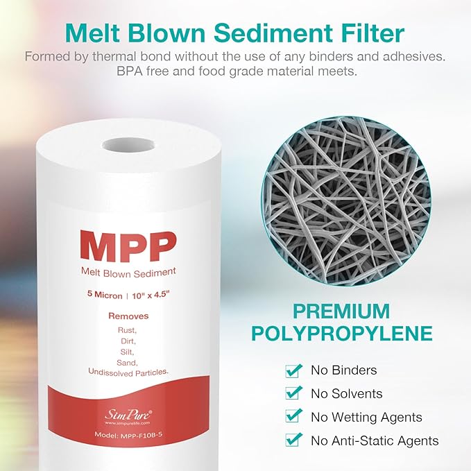 SimPure Sediment Water Filters, 5 Micron 10" x 4.5" Whole House Water Filter Replacement Compatible for W15-PR, DGD-5005, FP15B, HD-950A, GXWH35F, GXWH30C for Well Water, 8 Pack