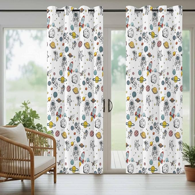 Cartoon Space Outdoor Curtains for Patio Astronauts Spacecraft Rockets Waterproof Outside Curtains with Grommet Top Weatherproof Curtain for Cabana Pergola Gazebo, 2 Pack, 54" W x 84" L