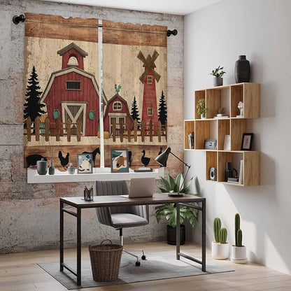 Brown Farmhouse Kitchen Curtains, Vintage Country Animals Wooden Grain Light Filtering Window Curtain Panels, 2Pcs Rod Pocket Window Treatments Set for Living Room Bathroom Bedroom 42x63 Inches