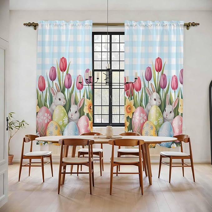 Easter Window Curtains 72 Inch Long 2 Panel Set,Rod Pocket Long Curtains & Drapes,Spring Bunny Colorful Eggs Tulip Flowers Blue Check Light Filtering Window Treatment for Bedroom 52"W x 72"L