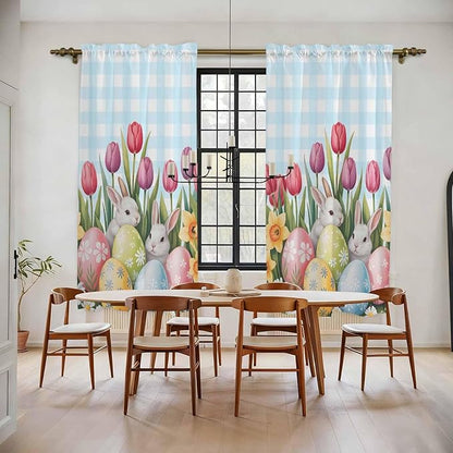 Easter Window Curtains 72 Inch Long 2 Panel Set,Rod Pocket Long Curtains & Drapes,Spring Bunny Colorful Eggs Tulip Flowers Blue Check Light Filtering Window Treatment for Bedroom 52"W x 72"L