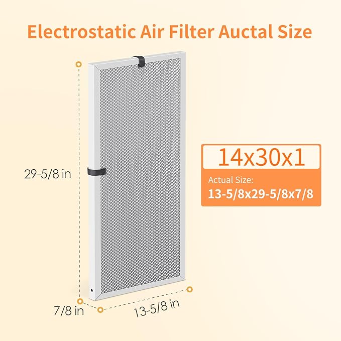 2-Pack 14x30x1 MERV 8 Reusable & Washable Electrostatic Air Filters - Long-Lasting Filter for HVAC, Furnace & Air Conditioner Units, Actual Size: 13-5/8” x 29-5/8” x 7/8”