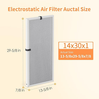 2-Pack 14x30x1 MERV 8 Reusable & Washable Electrostatic Air Filters - Long-Lasting Filter for HVAC, Furnace & Air Conditioner Units, Actual Size: 13-5/8” x 29-5/8” x 7/8”